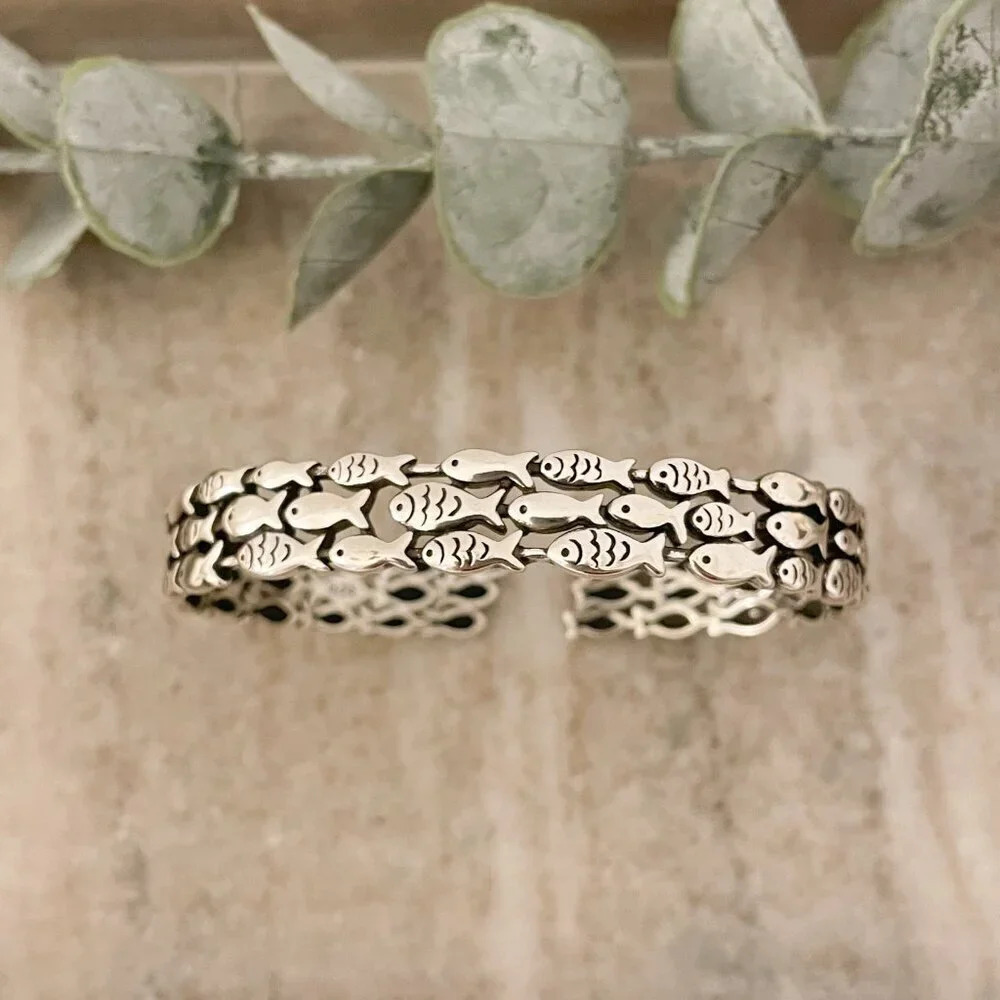 925 Sterling Silver Cuff Bracelet School of Fish Bracelet Modern Silver Bangle